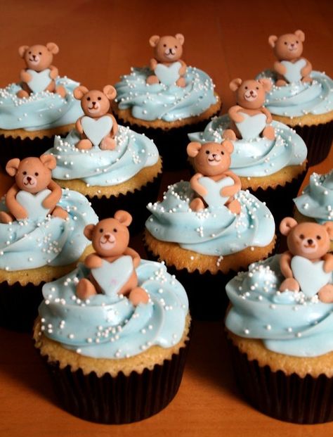 teddy bear cupcakes | Catherine Thomas | Flickr Baby Shower Cupcakes For Boy, Teddy Bear Cupcakes, Teddy Bear Baby Shower Theme, Boy Baby Shower Centerpieces, Bear Baby Shower Theme, Bear Cupcakes, Baby Shower Theme Decorations, Baby Shower Treats, Teddy Bear Birthday