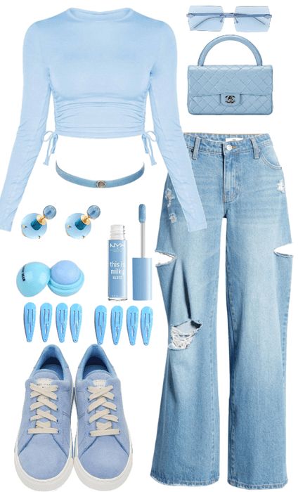 Blue Inspo Outfit, Haute Couture Outfits Casual, Cute Blue Outfits Aesthetic, Blue Inspired Outfits, Icy Blue Outfit, Y2k Blue Outfit, Blue Outfit Ideas Casual, Blue Suit Blue Shirt, Blue Outfits Aesthetic