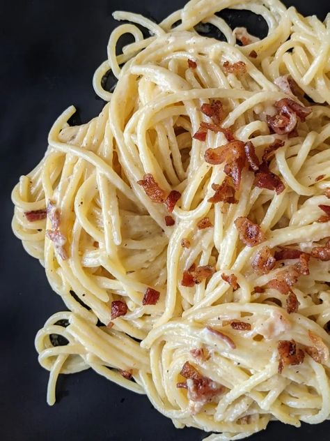 Spaghetti Carbonara (No Egg) • The Candid Cooks Eggless Carbonara, Carbonara No Cream, No Egg Carbonara, Eggless Carbonara Pasta, Creamy Bacon Carbonara, Carbonara No Egg, Carbonara Pasta Creamy, Spagetti Carbonara, Spaghetti Carbonara No Eggs