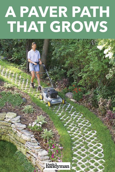 Backyard With Walking Path, Garden With Walking Path, Grass Stone Walkway, Grass Pathway Ideas, Pathway Through Lawn, Cheap Pathways Ideas Walkways Diy, Garden Way Walkways, Walkway On A Hill, Brown Pavers Walkways