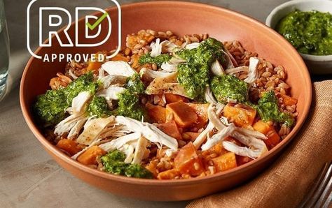 Chicken and Sweet Potato Farro Bowl | Recipes | MyFitnessPal Farro Bowl Recipe, Farro Bowl, Myfitnesspal Recipes, My Fitness Pal Recipes, Fitness Pal Recipes, Chicken And Sweet Potato, Fitness Pal, Fitness App, Healthy Eating Habits