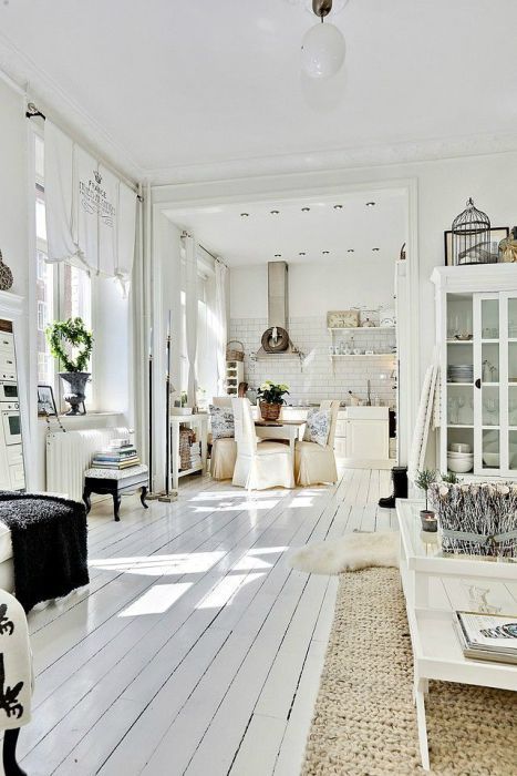 Scandinavian Cottage Decor - 11 Beautiful Examples Shabby Chic Lounge, Shabby Chic Decorating, Scandinavian Cottage, Painted Wood Floors, Scandinavian Style Home, Interior Minimalista, 아파트 인테리어, Scandinavian Interior Design, White Floors