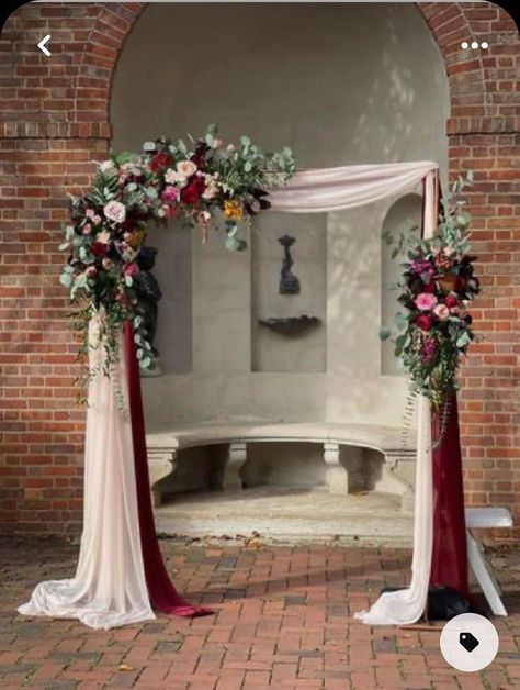 Wedding Arch Ideas Burgundy, Burgundy Floral Arch, Burgundy And Pink Wedding Cake, Burgundy Wedding Arch, Pink And Burgundy Wedding, 1920 Wedding, Burgundy Wedding Theme, Georgetown Dc, Burgundy Wedding Flowers