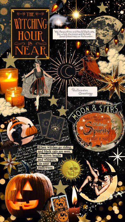 Celestial Hallowe’en ✨🎃🌙 #halloween #halloweenaesthetic Horror Pinup, Vintage Halloween Art, Witch Ghost, Fall Candy, Fall Halloween Decor, Moon Stars, Halloween Spooky, Samhain, Halloween Wallpaper