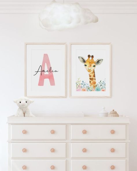 Personalised set of two pastel giraffe prints Giraffe Bedroom, Floral Baby Nursery, Giraffe Safari, Animals Giraffe, Safari Kids, Watercolor Effects, Giraffe Print, Decor Nursery, Floral Baby