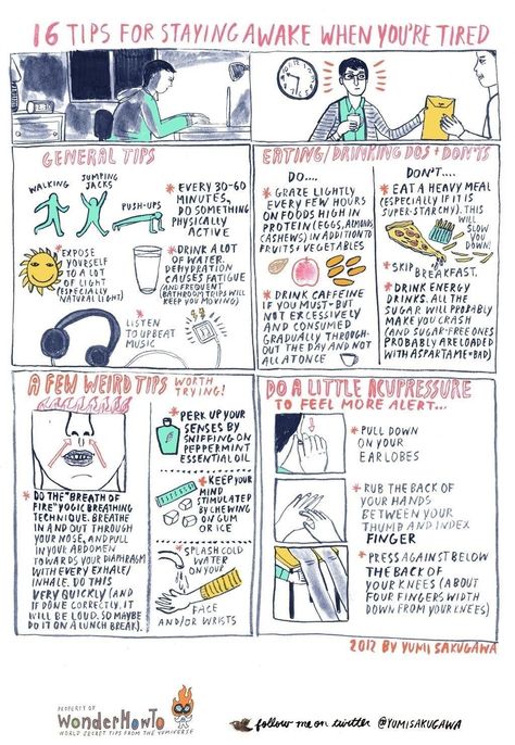 16 tips for staying awake when you're tired how to stay awake in class. | sleep infographic | stay awake cartoon #sleep #study #infographic Back To University, Visual Notes, Inner Work, Stay Awake, Shiatsu Massage, College Tips, Uni Life, Sketch Notes, School Study Tips