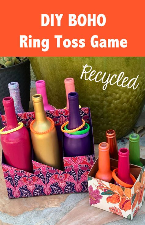 DIY Ring Toss Backyard Game made with Mod Podge and Recycled Bottles - Handmade Happy Hour Bottle Ring Toss Game Diy, Bottle Toss Game, Ring Toss Game Diy, Diy Boho Rings, Bottle Ring Toss, Diy Ring Toss Game, Diy Ring Toss, Toss Game Diy, June Berry