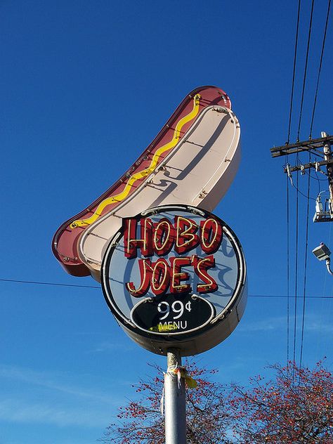 Hobo Joe's ~ Figural Hot Dog Neon Sign. Cleveland, Ohio. Hot Dog Restaurant, Dog Restaurant, Old Neon Signs, Retro Signage, Diner Sign, Cool Neon Signs, Ghost Signs, Vintage Neon Signs, Vintage Restaurant