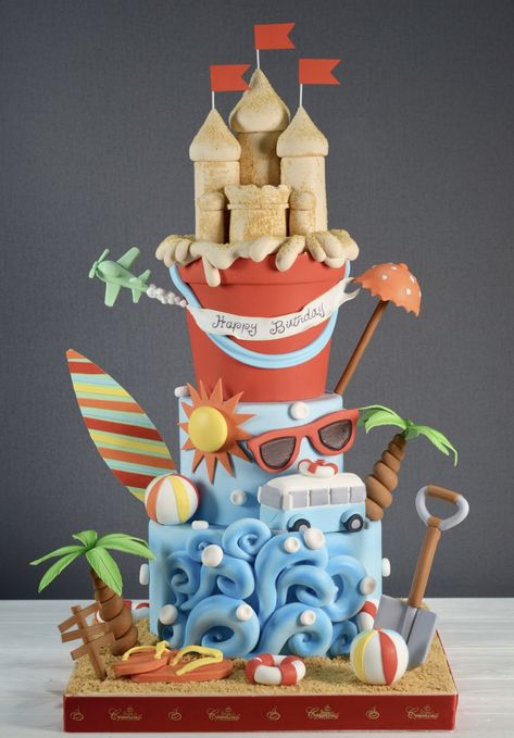 Pool Party Cake Ideas Boys, Beach Theme Cakes, Beach Themed Birthday Cakes, Summer Theme Cake, Summer Themed Cake, Beach Party Cake, Sand Castle Cake, Sand Castle Cakes, Beach Theme Cake