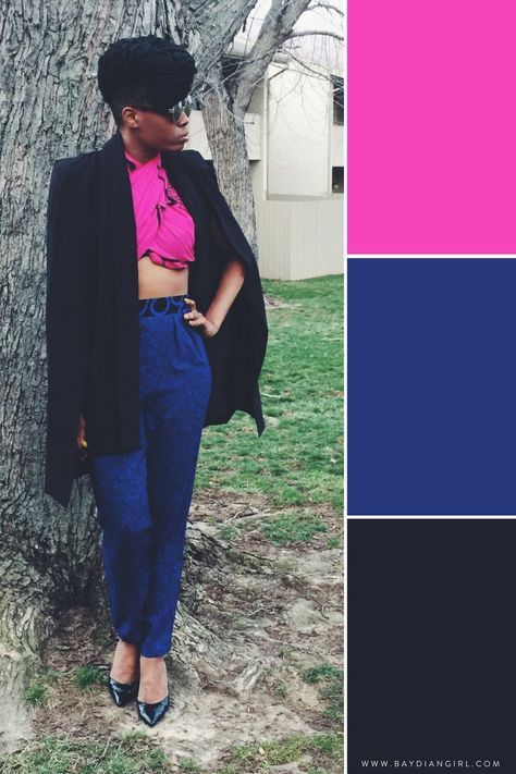 Hot Pink + Navy Blue - How To Color Block Blue + 5 Awesome Foolproof Palettes Navy Blue Color Block Outfit, Navy Blue Dunks Outfit, Navy Blue And Pink Outfit, Pink And Navy Blue Outfit, Navy And Pink Outfit, Hot Pink Color Combinations, Navy Blue Dunks, Blue Dunks Outfit, Hot Pink Color Palette