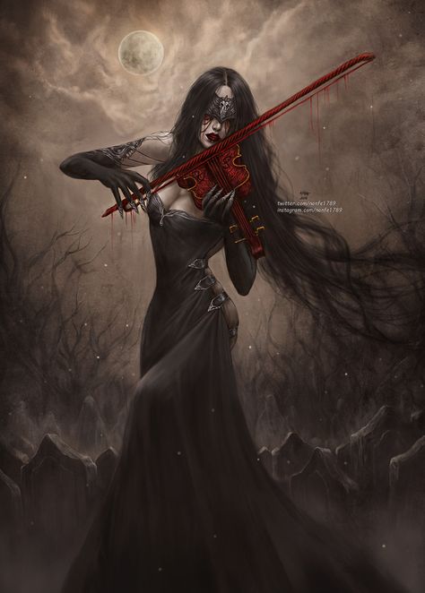 lost melody, Nan Fe on ArtStation at https://www.artstation.com/artwork/Jye0d Long Black Hair, Long Black, Violin, Black Hair, A Woman, Lost, Moon, Red, Hair