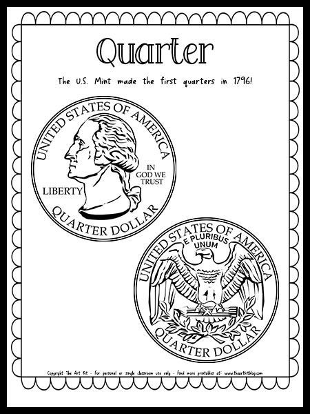 Quarter Coin - Money Coloring Page {FREE Printable Download!} Coin Worksheets Free, Quarter Tattoo Coin, Money Coloring Pages, Coins Kindergarten, American Money, Learning Money, January Activities, Teaching Money, Money Poster