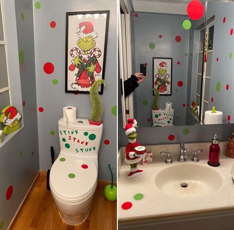 Grinch Bathroom Decor, Grinch Bathroom, Christmas Decir, Grinch Crafts, Grinch Decorations, Grinch Christmas Party, Grinch Christmas Decorations, Santa Claus Is Coming To Town, Class Decoration