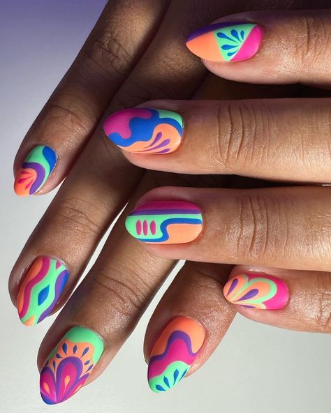 Bright Colour Nail Designs, Crazy Nail Art Unique, Edc Nails Designs, Festival Nail Ideas, Acrylic Nail Ideas, Fun Nail Art, Art Deco Nails, Nail Design Inspiration, Summery Nails