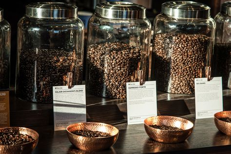 The objective of this project was to create an educationally engaging and sensory coffee bean experience with a new display in a new retail Flagship store in Georgetown. The hammered copper sampling bowls offer coffee enthusiasts the ability to fully imme… Coffee Bean Decoration, Coffee Store Design Interiors, Retail Coffee Display, Coffee Bean Display, Coffee Display Ideas, Coffee Beans Decor, Coffee Boutique, Coffee Education, Coffee Bean Shop