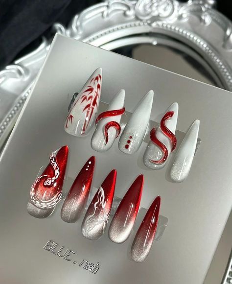 Nails With Snake, Cny Nails, Halloween Press On Nails, Asian Nails, New Year's Nails, Fire Nails, Dream Nails, Fancy Nails, Chic Nails