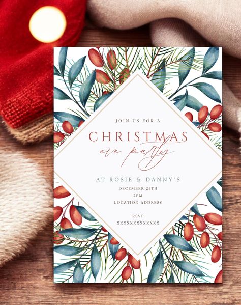 Winter Berry Christmas Party Invitation | 5 x 7" Printable & Mobile Template on Canva Elopement Invitation, Winter Celebration, Winter Berry, Invitation Elegant, Christmas Invitation, Christmas Party Invitation, Bridesmaid Proposal Cards, Holiday Invitations, Engagement Invitations