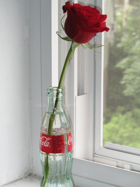 Classy Coke Glass Coke Bottles, Retro Room Ideas, Retro Bridal Showers, Red Party Decorations, Rose In A Glass, Red Cottage, Flowers Decor, Coke Bottle, Single Rose