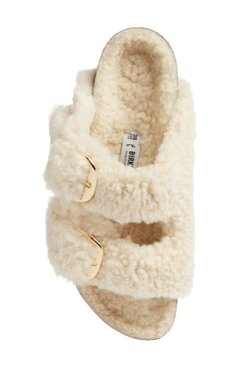 Plush shearling adds slipper-quality comfort to this cozy-chic slide sandal topped with a glossy branded buckles and grounded on signature bone treads. Cushioned footbed with arch support Genuine shearling (Australia) upper and lining/synthetic sole Imported Fuzzy Birkenstocks, Birkenstock Arizona Big Buckle, Arizona Big Buckle, Fuzzy Slides, Fire Fits, Hype Shoes, Cozy Chic, Birkenstock Arizona, Pretty Shoes