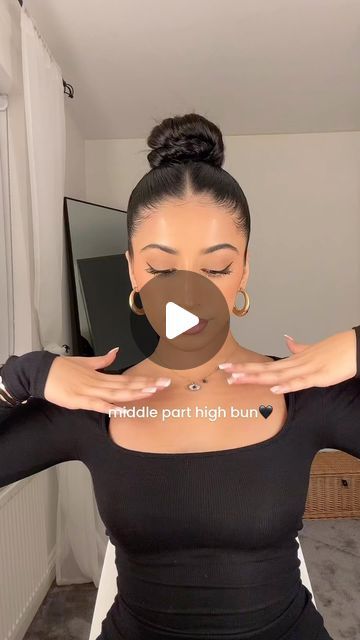 Alisha Kaur on Instagram: "middle part high bun tutorial🖤  #hairtutorial #tutorial #hairinspo #hairideas #hairstyle #hairstyles #sleekhair #slickhair #slickbun #sleekbun #explore #reels" High Slicked Back Bun, High Pony Middle Part, Bun Hairstyles Slick Back, High Bun Slick Back, Middle Part High Bun Curly Hair, Part In The Middle Hairstyles, Slick Back Middle Part Bun, Hairstyles High Bun, Part Hairstyles