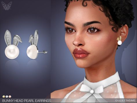 Sims 4 — Bunny Head Pearl Earrings by feyona — Bunny Head Pearl Earrings come in 3 colors of metal: yellow gold, white Necklace Sims 4 Cc, Sims 4 Studio, Bunny Necklace, Bunny Head, Bunny Earrings, Cherry Earrings, Crescent Moon Earrings, Drop Pendant Necklace, Mini Hoop Earrings