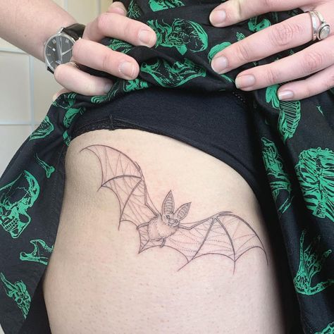 Bat Fine Line Tattoo, Bat Tattoo Thigh, Line Bat Tattoo, Fine Line Bat Tattoo, Realistic Bat Tattoo, Bat Skeleton Tattoo, Vampire Bat Tattoo, Flying Tattoo, Nerd Tattoo