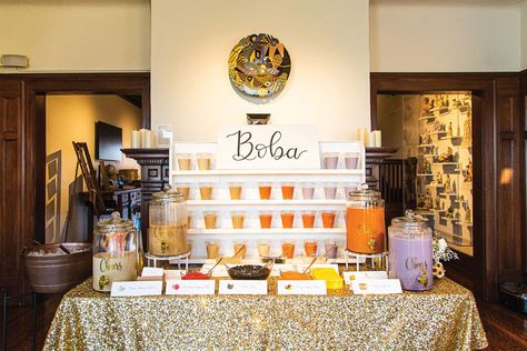 Boba Bridal Party, Bubble Tea Stand Wedding, Bubble Tea Wedding Bar, Boba Tea Wedding, Build Your Own Boba Bar, Boba Stand Wedding, Boba Station Wedding, Boba Bar Station Diy, Boba Station Party