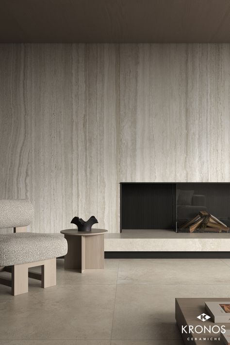 Travinteno Wall, Travertine Porcelain Tile Floors, Fireplace Half Stone, Fluted Stone Fireplace, Limestone Fireplace Wall, Travertine Fireplace Surround, Travertine Wall Interior, Travertine Living Room, Travertine Tile Fireplace