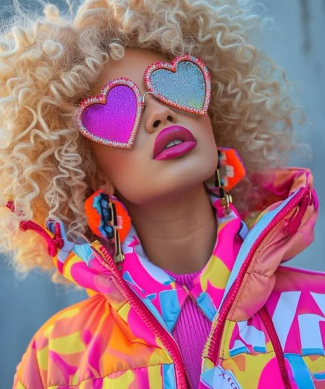 Bright Hair Aesthetic, Bright Girl Aesthetic, Pride Aesthetic Outfits, Funky Photoshoot Ideas, Extravagant Outfits, Colorful Photoshoot, 80s Theme Party, Fiesta Outfit, Unique Sunglasses