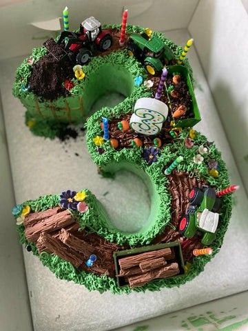 Number 3 Tractor Cake, Farm Cake Ideas, Farmer Birthday Cake, Sheet Cake Monster Truck, Number 5 Monster Truck Cake, Green Monster Truck Cake, Monster Truck Square Cake, Farmer Birthday, Chocolate Soil