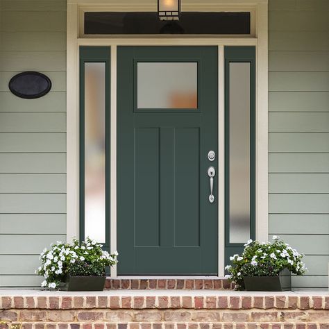 Bring the beautiful look of wood and the performance of fiberglass to your home with the Masonite Fiberglass Entry Door. Engineered to last a lifetime, these high-performance surface doors feature high-definition profiles for added architectural interest. Designed with an energy saving polyurethane door core, the maintenance-free proprietary fiberglass construction provides maximum protection and durability. Masonite 64-in x 80-in Fiberglass Craftsman Left-Hand Inswing Evergreen Painted Prehung Painted Front Door With Side Panels, Exterior Door With One Sidelight, Front Door With Top Window, Front Door Single Sidelight, Front Doors With Side Lights, Front Door With Side Windows, Front Door With One Sidelight, Front Door Colors With Tan House, Rustic Front Door Ideas