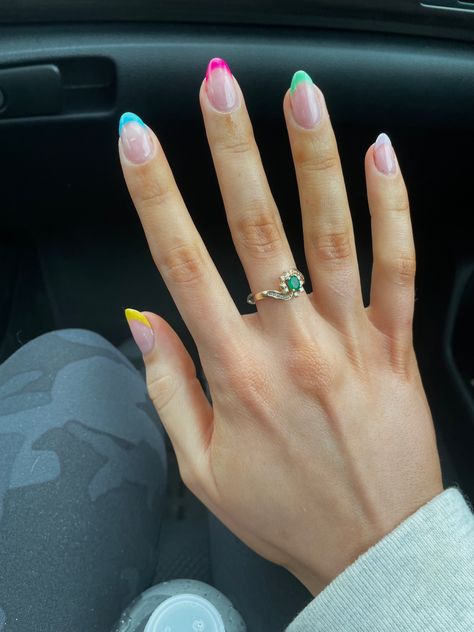 Almond Nails French Colorful, Colourful Oval Nails, Almond French Tip Nails Multicolor, Spring Nails Almond French Tip, Almond Different Color Nails, Almond Coloured Tip Nails, Colorful Reverse French Nails, Almond Nails With Colored French Tip, Oval French Tip Nails Different Colors