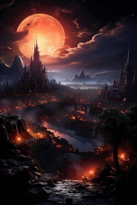 Dark Fantasy Kingdom Art, Underworld Fantasy Landscape, Fire World Fantasy Art, Dark Fantasy City Art, Dark Fantasy World Landscapes, Fire Castle Fantasy Art, Fantasy Dark Kingdom, Fire Kingdom Fantasy Art, Dark Kingdom Fantasy Art