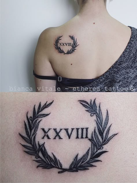 Laurel Crown Romvn Tattoo , roman script tattoo, roman date , roman tattoo idea , laurel tattoo, delicate tattoo by Etherea Tattoo Roman Wreath Tattoo, Laurel Crown Tattoo, Tattoo With Roman Numerals, Roman Tattoo Ideas, Eagles Tattoo, Laurel Tattoo, Tattoo Writing Fonts, Font Tato, Roman Tattoo