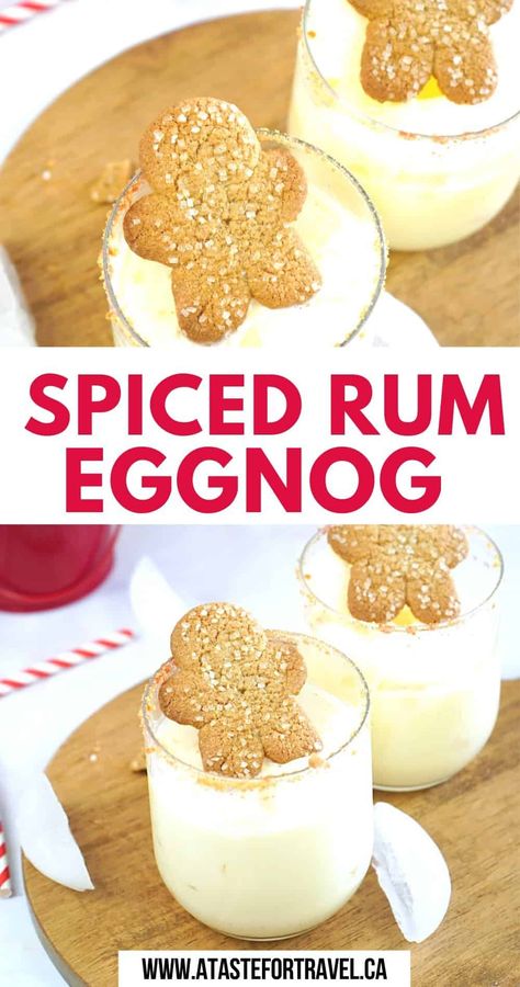 Get in the holiday spirit with our Spiced Rum Eggnog infused with the cozy flavour of gingerbread! Perfect for Christmas, this creamy concoction blends the warmth of spiced rum with the sweetness of eggnog, and a hint of gingerbread spice. Experience the ultimate festive indulgence in every sip. Rum And Eggnog Drink, Eggnog With Rum, Eggnog Cocktail, Eggnog Drinks, Creamy Eggnog, Nutmeg Spice, Gingerbread Spice, Spiked Eggnog, Cocktail List