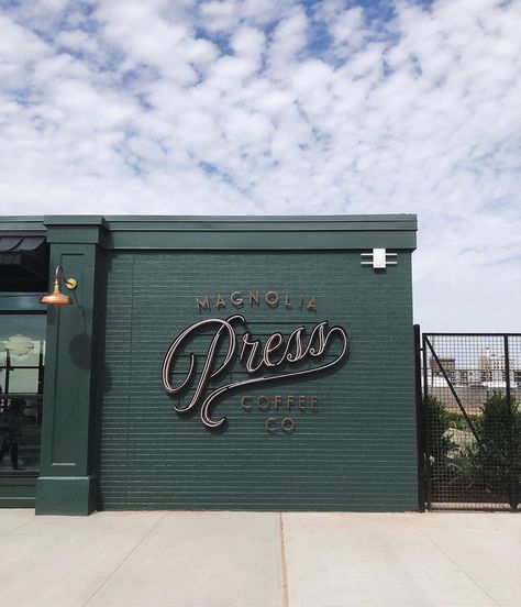 Modern Storefront Design, Coffee Shop Signage Store Fronts, Industrial Signage Design, Coffee Shop Signs Store Fronts, Magnolia Press Coffee Shop, Coffee Shop Exterior Design, Brewery Exterior, Green Coffee Shop, Coffee Shop Exterior