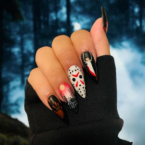 Friday the 13th nails 🔪🩸 . . . . . . . xTagsx #acrylic#acrylicnails#nailtechnician#nailtech#arttheclown#art#jasonvoorhees#terrifier#terrifier3#fyp#IT#frodaythe13th#fridaythe13thnails#terrifiernails#sandiego#parati#trending#nailart#art#weallfloat#horrornails#pressons#pressonnails Friday The 13th Nails, Friday The 13th, Horror Movie, Christmas Nails, Nail Ideas, Nail Art, Nails, Art, Nail Arts