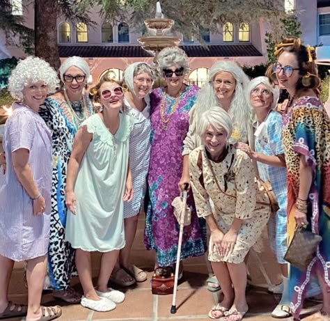 Bingo Night Outfit Ideas, Old Lady Costume Halloween, Florida Retiree Costume, Granny Fancy Dress Hen Do, Granny Costume Bachelorette, Old People Group Costume, Old Person Costume Party, Bachelorette Old Lady Theme, Granny Night Out Party Outfits