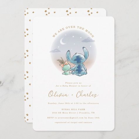 Stitch Baby Shower Invitations, Stitch Baby Shower Theme, Disney Themed Baby Shower Ideas, Disney Baby Shower Invitations, Baby Shower Disney Theme, Disney Baby Shower Ideas, Simple Baby Shower Ideas, Moon Baby Shower Invitation, Unique Baby Shower Themes