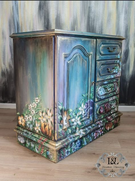 Fantasy Painted Furniture, Boho Cabinets, Funky Painted Furniture Bohemian, Shelf Painting Ideas, Unicorn Spit Furniture, Funky Painted Furniture Ideas, Decent Bed Design, Bed Interior Design, Home Styling Tips