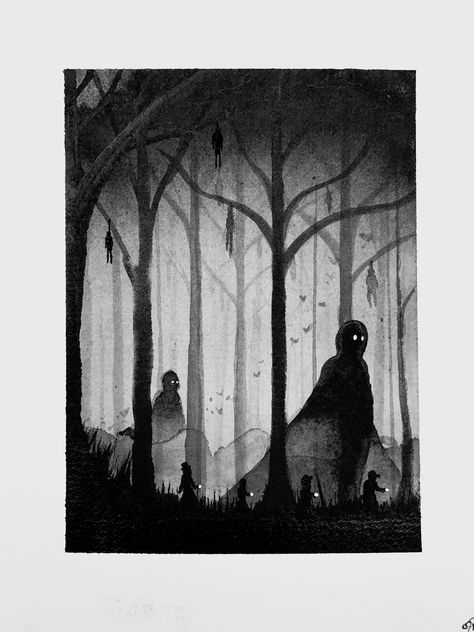 Gothic Watercolor Art, Dark Forest Watercolor, Watercolor Dark Art, Creepy Forest Drawing, Dark Forest Drawing, Forest Drawing Simple, Dark Forest Illustration, Silhouette Drawings, Black Ink Illustration