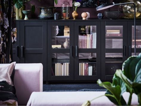 A filled BRIMNES cabinet with glass doors still has more room on top, an ideal surface for display. Brimnes Dressing Table, Brimnes Cabinet, Brimnes Headboard, Day Bed Frame, Wall Unit Decor, Stairs Hallway, Up Stairs, Bed Frame With Storage, Wall Units