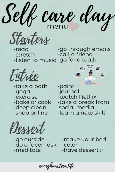 Take some time for you. Self care is for teens too! Use this helpful menu to craft an ultimate self care day! #teenager #selfcare #selfcaretips Ultimate Self Care Day, Self Care Tips For Teens, Teenage Self Care, Self Care Activity For Teens, Self Care At Work, Self Care Crafts, Teen Self Care, Self Care Menu, Selfcare Day