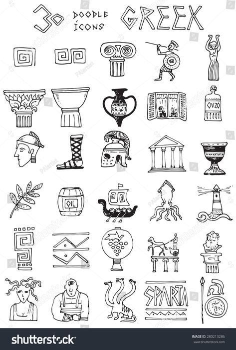 Greek Journal Ideas, Greek Mythology Doodles, Mythology Doodles, Greece Doodles, Greek Doodles, Greek Column Tattoo, Greek Mythology Illustration, Greek Illustration, Greece Theme