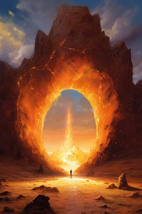 Intriguing depiction of a man standing by a mesmerizing stone and fire portal in the desert Portals Fantasy Art, Fire Planet Concept Art, Fantasy Portal Art, Portal Fantasy Art, Portal Artwork, Desert Fantasy Art, Fire Concept Art, Dnd Scenery, Light Portal