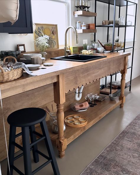 I still can’t get over how beautiful this kitchen design turned out. ✨ As promised, here are a few stills of my latest build.. and a couple of pics of the space before the install. The Alley on New York @thealleyonny #kitchenbuild #sinkcounter #scallopedwooddetail #barsittingarea #kitchencounter #woodworking #custombuild #maker #floatingshelves #yesicanbuildthat Kitchen Island Corner Shelves, Kitchen Island Exposed Shelves, Kitchen Island With Support Post Wood, Corner Island, Industrial Wood Shelf Add On Kitchen Island Seating, Kitchen Island Corbels Lowe's, Counter Depth, Open Cabinets, Freestanding Kitchen