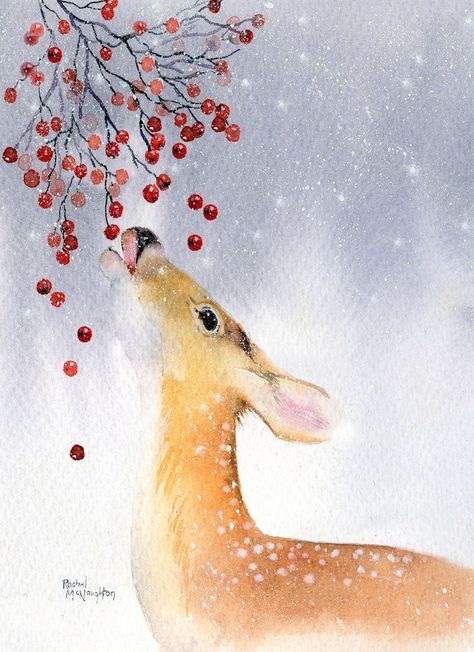 Winter Watercolor, Christmas Card Art, Watercolor Christmas Cards, Winter Painting, 수채화 그림, A Deer, Christmas Drawing, Winter Art, Arte Animal