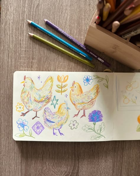 look at all those (rainbow) chickens 🌼🐓💖🌈 Rainbow Pencil Drawing, Doodling Aesthetic, Tiny Illustrations, Croquis Sketch, Art Color Pencil, Cute Little Doodles, Rainbow Animals, Art Sketchbook Ideas, Aesthetic Art Journal