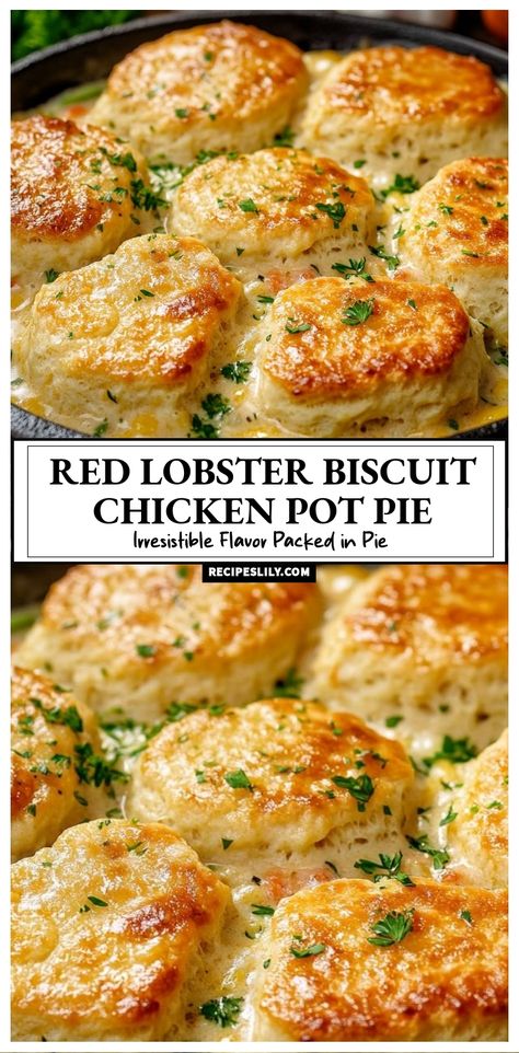 I can't get enough of this Red Lobster Biscuit Chicken Pot Pie! It's a creamy and flavorful dish topped with golden, flaky biscuits that are simply irresistible. Perfect for a cozy dinner at home, this recipe packs a punch with its delicious flavors and comforting texture. You have to try it! Beef Pot Pie Recipe Easy Biscuits, Gluten Free Chicken Pot Pie Red Lobster, Biscuit Crust Pot Pie, Chicken Pot Pie With Red Lobster Cheddar Bay Biscuits, Red Lobster Chicken Pot Pie Casserole, Chicken Pot Pie Bake Red Lobster, Dinner Pie Ideas, Red Lobster Cheddar Bay Biscuit Chicken Pot Pie, Chicken Red Lobster Biscuit Bake