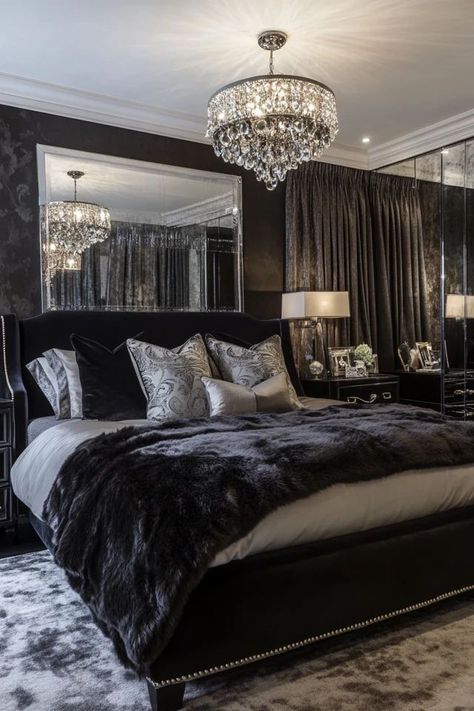 "Transform your bedroom into a chic and glamorous sanctuary with Hollywood Decor! 🛏️✨ Ideal for those who love bold, stylish, and luxurious designs. 🌿✨ #GlamStyle #BedroomDecor #HollywoodInspiration" Master Bedrooms Decor Black And Gold, Black Tufted Bed, Black And Gold Bedroom Ideas, Luxury Black Bedroom, All Black Bedroom, Black Luxury Bedroom, Black And Gold Bedroom, Hollywood Bedroom, Black Gold Bedroom